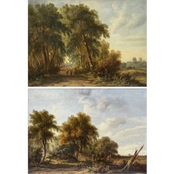 John Westall (British fl.1873-1893): Figures on Wooded Tracks, pair oils on canvas one signed 29cm x 39cm (2)