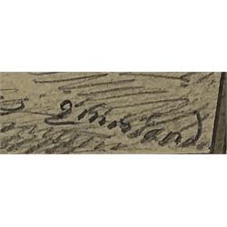 George Morland (British 1763-1804): Figures Outside a Country Church, pencil with washed border signed 18cm x 26cm