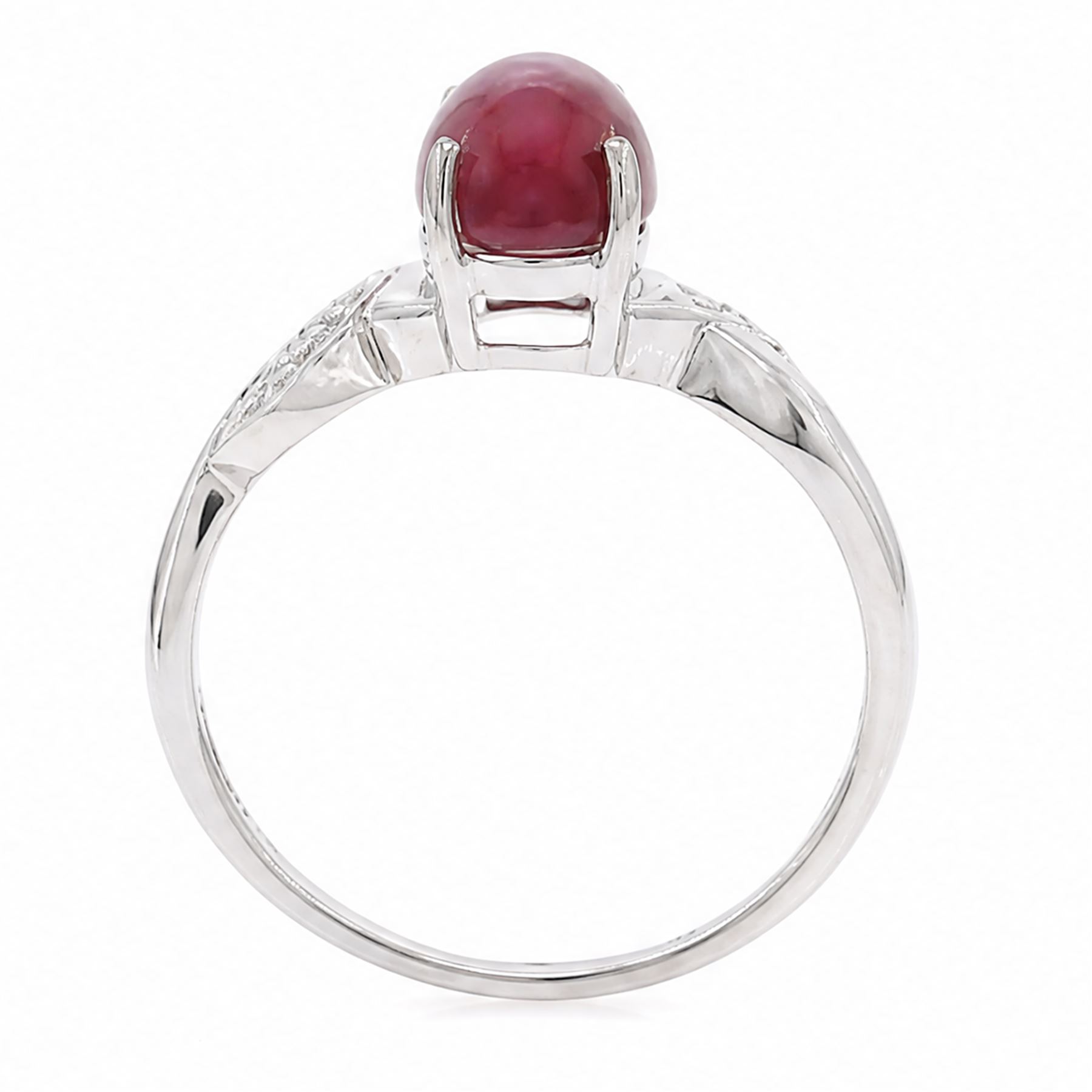 9ct white gold star ruby ring, single cabochon cut ruby, with crossover diamond chip shoulders, hallmarked