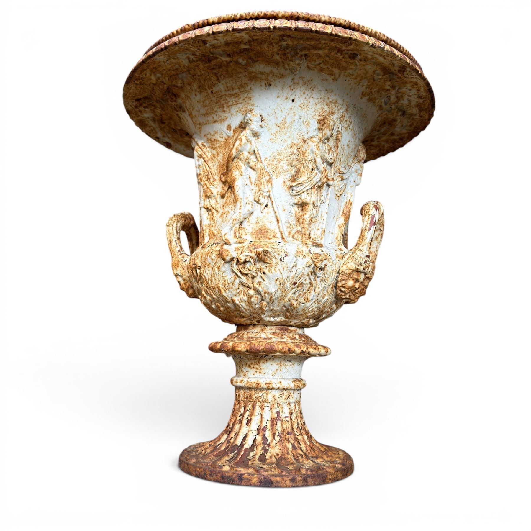 Andrew Handyside - pair of 19th century best quality cast iron garden urns, individually detailed in relief Allegorical Figures and Helaldic Swans, campagna form with twin handles, detail under rim, raised on circular fluted base