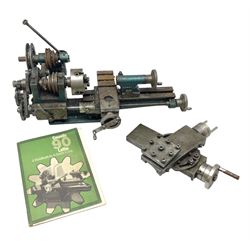 Cowells of Norwich model 90 modelmaker's lathe with handbook, the Pratt Bernard 4-jaw chuck with 4cm centre height and 7.5cm throw L44.5cm; together with an unrelated Hobbymat horizontal cross-slide with 4-way tool post (2)
