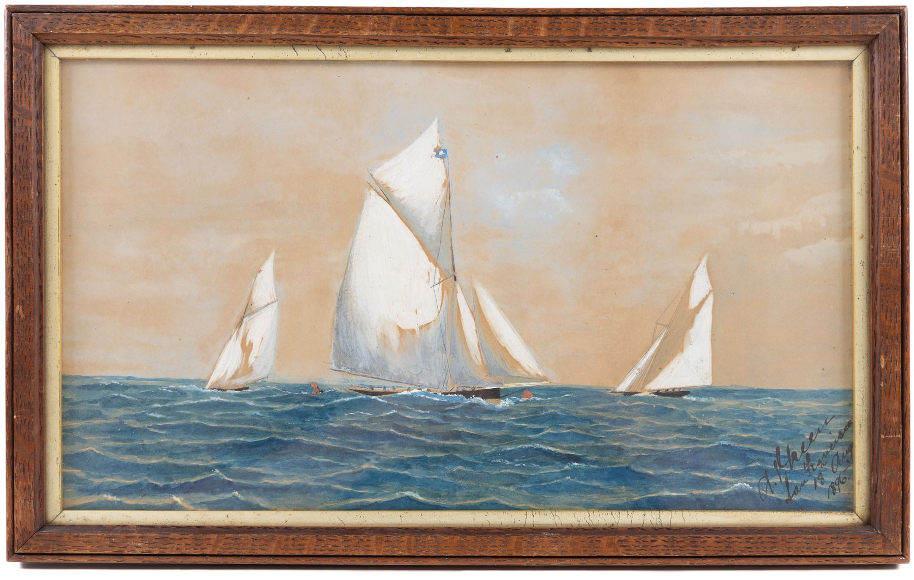 American School (19th century): Racing Yachts, watercolour and gouache indistinctly signed and dated San Francisco 18th August 1896, 22cm x 38cm
English School (19th century): 'Mr Green's Ship 'Agamemnon' with Troops for India 1857, watercolour unsigned 16cm x 24cm (2)