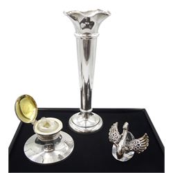 Silver trumpet vase by Walker & Hall, Sheffield 1948, silver mounted cut glass swan dish, with pierced and embossed hinged wings stamped 925 Sterling and a silver inkwell by W I Broadway & Co, Birmingham 1983