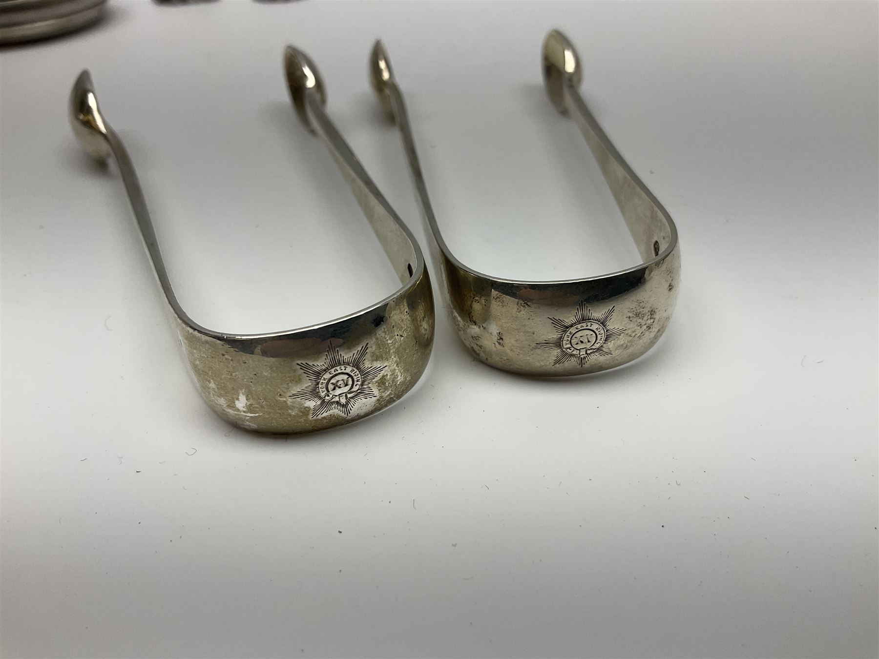 Edwardian silver open face lever pocket watch, case by Alfred Wigley, Birmingham 1901, on silver tapering Albert chain, 14ct gold ladies manual wind wristwatch, two pairs of silver sugar tongs by Francis Higgins II, London 1880, silver charm and a 9ct gold cameo