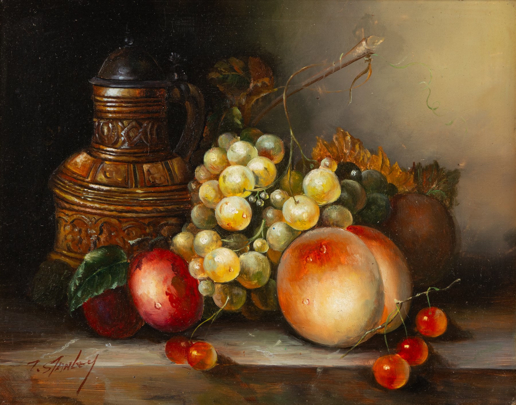 T Stanley (British late 19th/early 20th century): Still Lifes of Peaches Grapes and Foliage, pair of oils on board signed 19cm x 24cm (2)