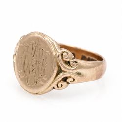 9ct rose gold signet ring, monogrammed with initials 'MA', with scroll design shoulders, Chester 1915