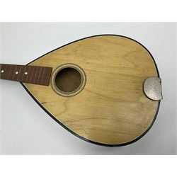 French mandolin with segmented lute back and mother-of-pearl inlaid spruce top; bears label for 'Jerome Thibouville-Lamy & Cie Paris L60cm; and another unmarked flat-back mandolin; both for completion (2)