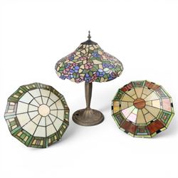 Tiffany Style table lamp, with floral lampshade, together with two Tiffany style ceiling l...