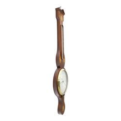 L. Solcha & Co. of Hull - 19th century Sheraton Revival mahogany wheel barometer, the swan neck pediment above a floral inlaid medallion and thermometer, with further shell inlay flanking the stem, the circular silvered dial above a shaped terminal, H 99cm