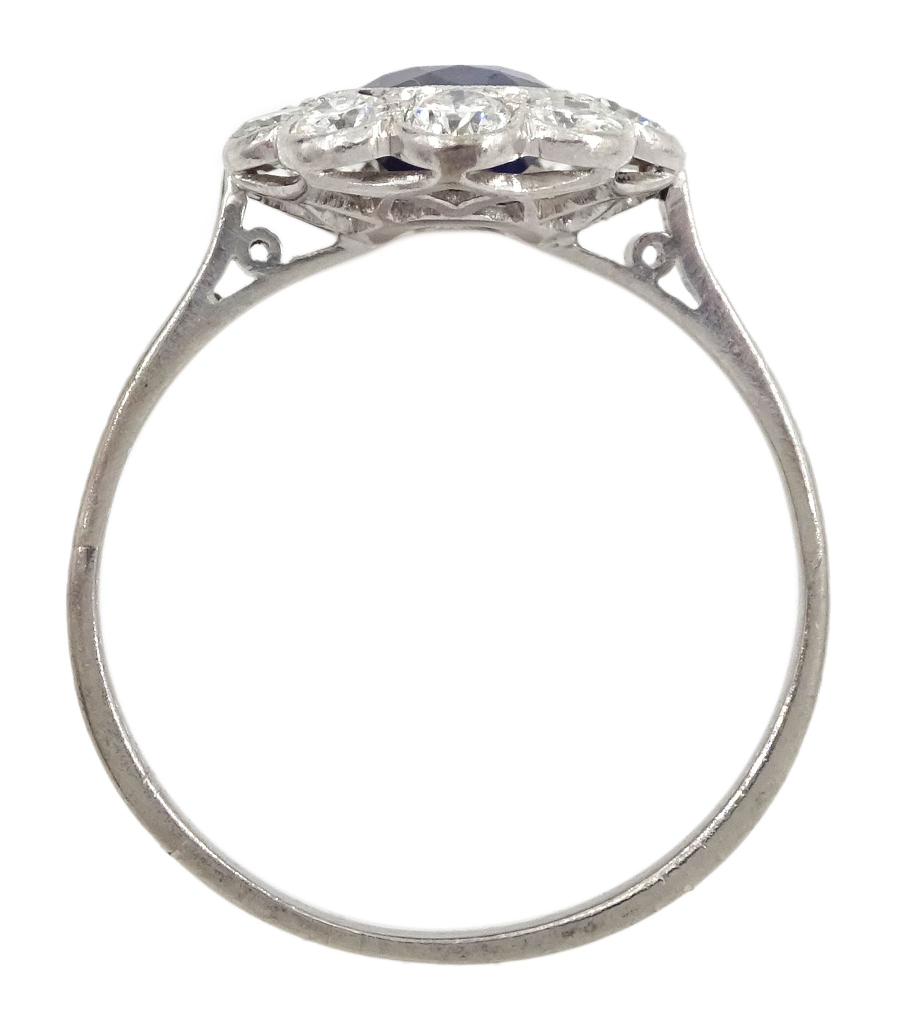 Palladium and platinum milgrain set oval sapphire and diamond cluster ring, sapphire approx 1.35 carat, total diamond weight approx 0.55 carat