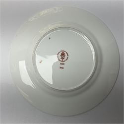 20th century Royal Crown Derby Imari 1128 pattern plates, comprising four side plates and three smaller examples, with printed and painted marks beneath, including illustration date codes for 1918 and 1920, and Roman numeral date code for 1979, larger examples D18cm, smaller D15cm, (7)

