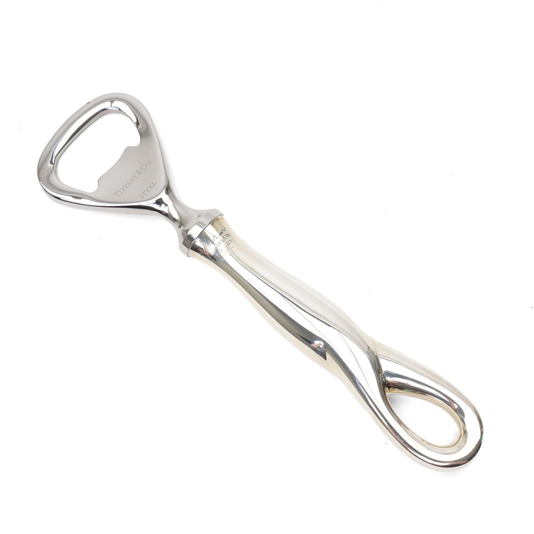 Tiffany & Co. silver-handled Padova pattern bottle opener, hallmarked, designed by Elsa Peretti, with dust bag and presentation box, L14.5cm