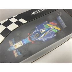 Three Minichamps 1:18 scale die-cast racing cars - Bar 01 Supertec R. Zonta 1999; Benetton b197 Renault G. Berger; and Benetton F1 G. Fisichella; all boxed (3)