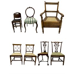 Early 20th century commode chair, two inlaid chairs, two Chippendale style chairs, Victorian chair and a child’s chair