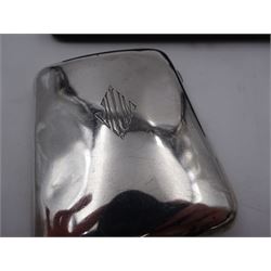 1920s silver cigarette case, of typical form, with engraved lozange to cover, hallmarked Charles Edwin Turner, Birmingham 1920, together with a pair of George III silver Old English pattern teaspoons, with engraved initials to terminal, hallmarked Peter, Ann & William Bateman, London 1803 and a cased spoon and pusher, hallmarked 