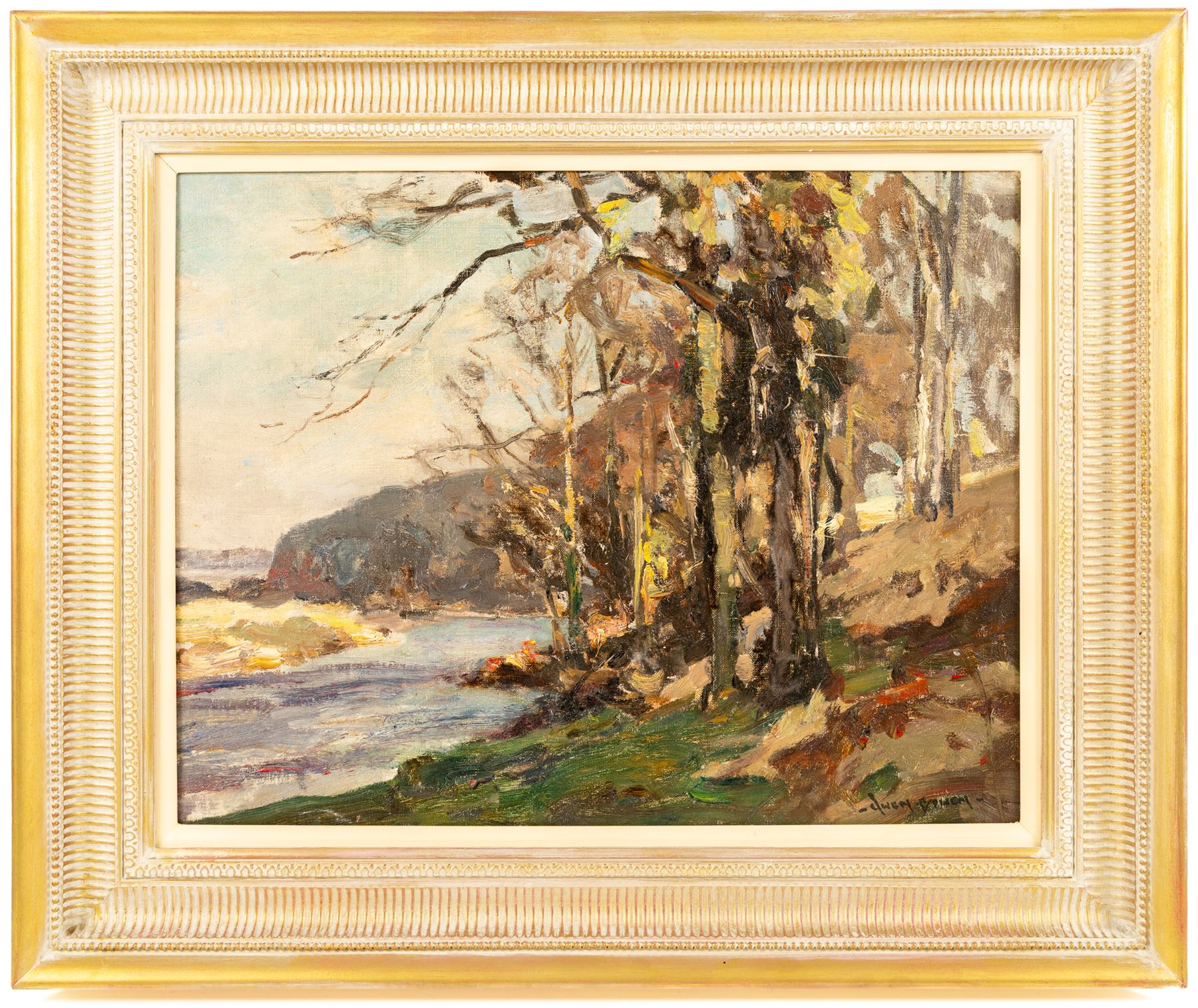 Owen Bowen (Staithes Group 1873-1967): Yorkshire River Landscape, oil on canvas signed 34cm x 44cm