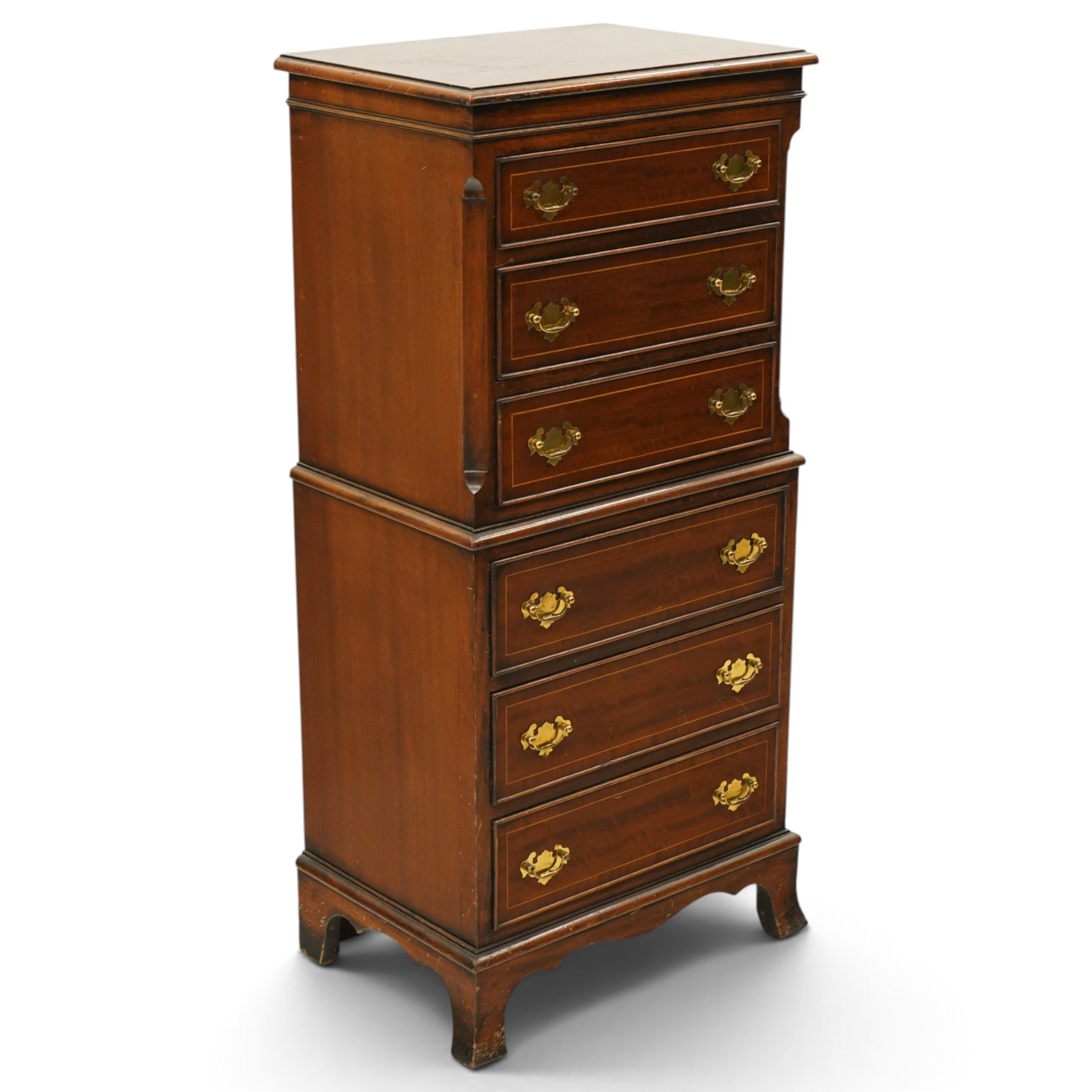 Georgian design mahogany chest-on-chest, fitted with six graduating cock-beaded drawers with satinwood stringing, on bracket feet