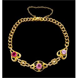 Early 20th century gold pink paste stone and seed pearl, heart, openwork and curb link bracelet, stamped 9ct