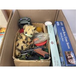 Large collection of toys and games, including jigsaws, books, teddy bear etc, in five boxes  