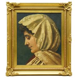 Italian School (Late 19th/Early 20th century): Side Profile Portrait of a Woman in a Headscarf, oil on canvas board unsigned, indistinctly inscribed verso 35cm x 30cm