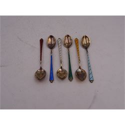 Set of six Danish silver gilt coloured guilloche enamel coffee spoons, each spoon with twist design enamel handle and ball finial, stamped Ela Denmark Sterling, in case