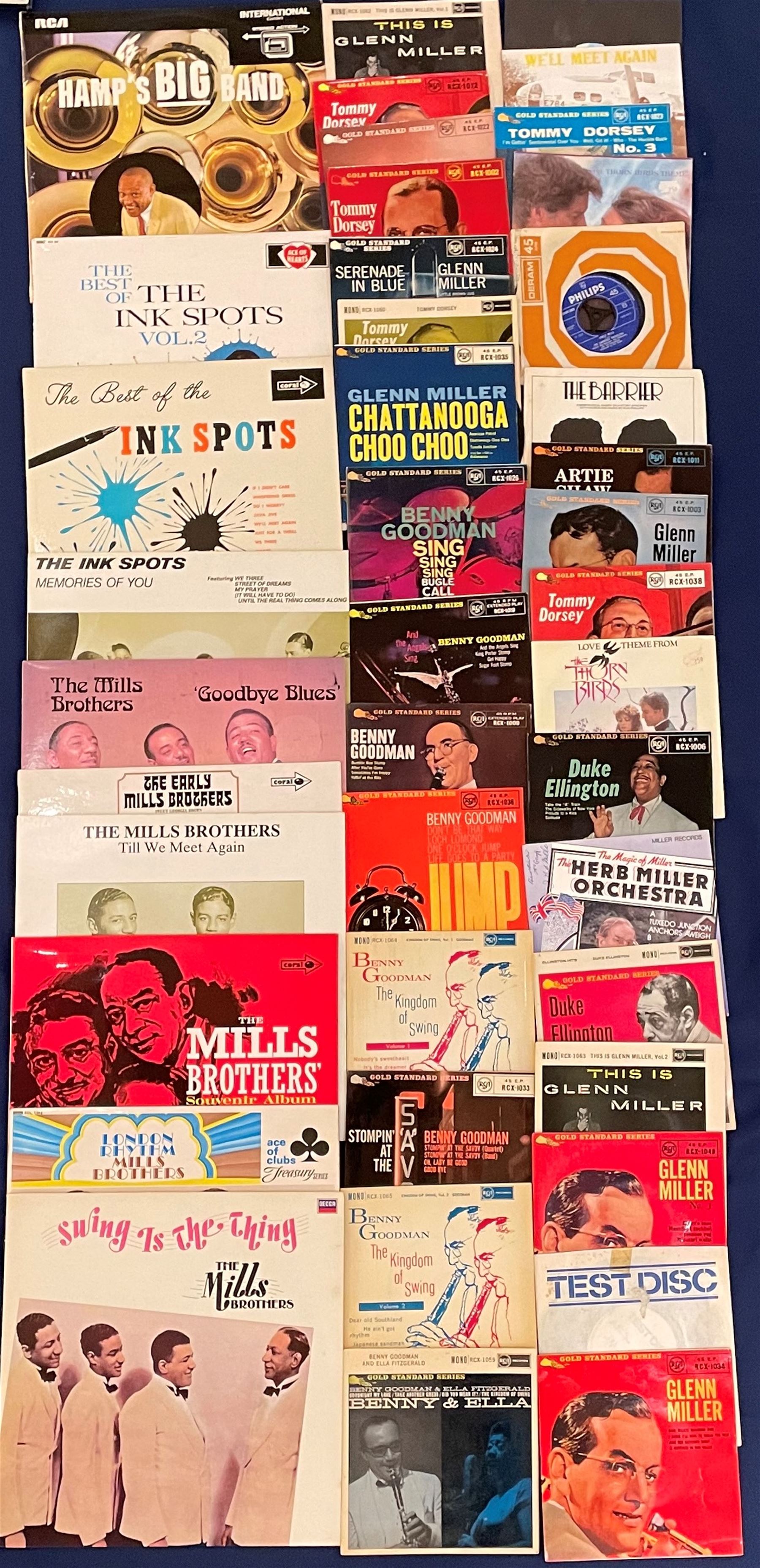 Mostly Jazz vinyl records including, 'Marvelous Miller Moods Glenn Miller Army Air Force Band', 'The Best of Glenn Miller', various other Glenn Miller, 'The Ink Spots Memories of You', 'Hamp's Big Band' etc, approximately 120 and a small number of singles
