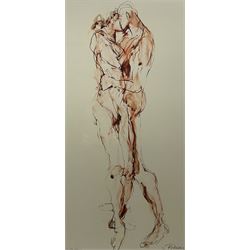 After Bella Pieroni (British 1941-): Embracing Figures, limited edition giclee print signed and numbered 27/250 in pencil 79cm x 39cm