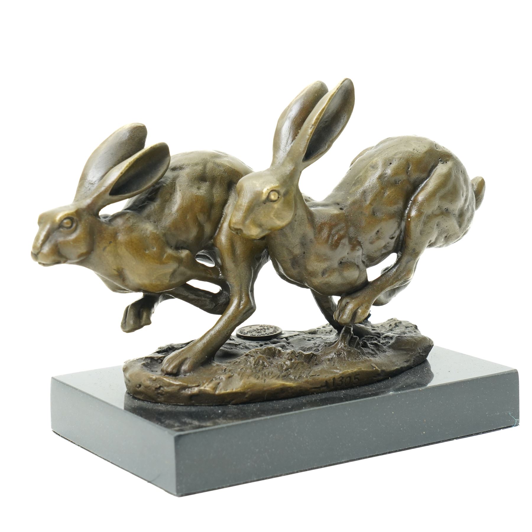 Bronze figure group, modelled as two hares in chase, after 'Nick', with foundry mark, upon a rectangular base, H11cm L15cm