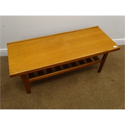  Retro teak coffee table, tapering supports joined by an undertier (W117cm, H41cm, D39cm) and another similar table (2)  