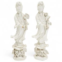 Pair of Chinese blanc de chine figures depicting Guan Yin, probably Republic period, stood...