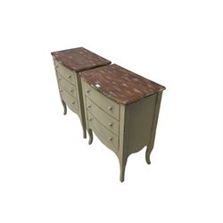 Pair cream painted bedside chests, fitted with three drawers over shaped apron, on cabriole supports
