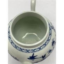 18th Century Worcester teapot, circa 1765-70, decorated in the Bird in the ring pattern, the cover with bud finial, with crescent mark beneath, H13cm, together with a Worcester coffee cup decorated in the same pattern, with crescent mark beneath, H6.5cm