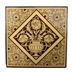 Set of fourteen late 19th century Aesthetic movement six inch dust pressed tiles, each printed with central lozenge containing an urn of flowers, surrounded by flower heads and tendrils, in brown and buff