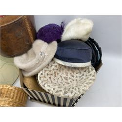 Vintage ladies fur coat and fur wrap, together with various acessories including hats within hat box, leather hat box lacking lid, parasols, walking stick, etc., in one box