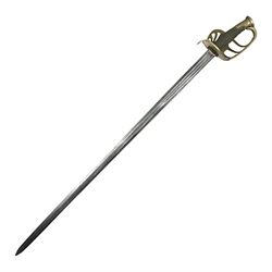 French 1816 Pattern Cavalry of the Line Officer's sword, the 92cm double edged blade engraved 'No Me Saques Sin Razon - No Me Embaines Sin Honor', with later brass hilt and wire-bound fish skin grip L108.5cm overall (no scabbard)