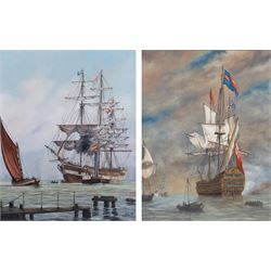 Keith Sutton (British 1924-1991): 'Malabar - Blackwall Frigate' and 'Royal Sovereign', two oils on canvas board signed and dated 1984 and 1985, in matching frames, 50cm x 40cm