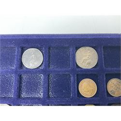 Commemorative, fantasy and other coinage, including George II 1754 farthing, George III 1773 farthing, cartwheel penny and cartwheel two pence, Queen Victoria Canada 1886 twenty five cents, various commemorative crowns etc, housed in three blue coin trays