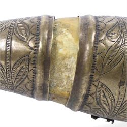 Horn powder flask, with metal mounts embossed with foliate decoration, L40cm
