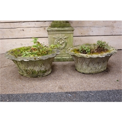  Composite stone circular garden urn, with lobed body on wreath moulded pedestal, H78cm, and a pair of composite stone basket weave oval planters, W51cm, (4)   
