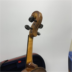 The Stentor Student II violin with 35.5cm two-piece maple back and ribs and spruce top, bears label, 59cm overall, in fitted carrying case with bow; and a small eight-string mandolin banjo with ebonised back and sides and mahogany neck L51cm, cased (2)