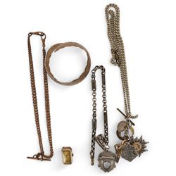 9ct gold cased wristwatch, silver watch chain and fobs and costume jewellery chains and bangle