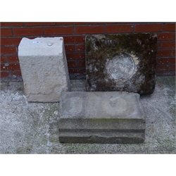  Stone rectangular sill, square stone with circular recess and a stone corbell, W50cm max (3)  