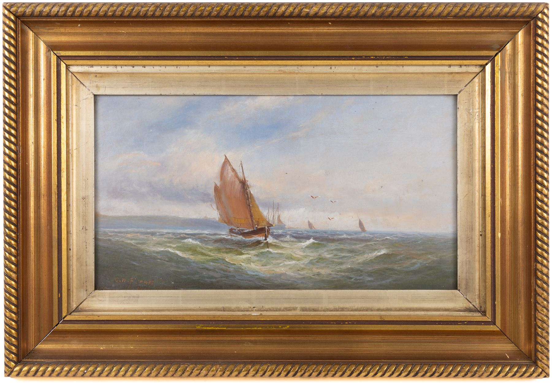 Charles W Ferris (British 19th/20th Century): Boats on Choppy Waters with Distant Seagulls, oil on board signed and dated 1901, 24cm x 44.5cm