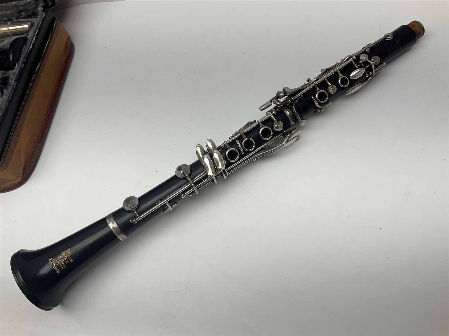 Pair of Boosey Hawkes Emperor clarinets one with mouthpiece nos.310759 and 301490A fitted in one case with outer canvas carrying case Musical Instruments