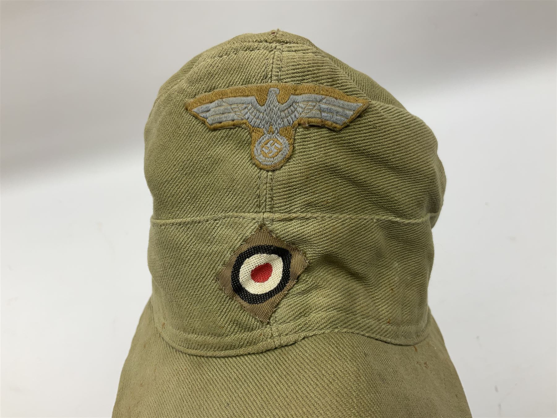 WW2 German DAK M42 Army Field Cap stamped G. Teufel Sohn Tuttlingen M/42 55; and Afrikakorps cuff title (2)