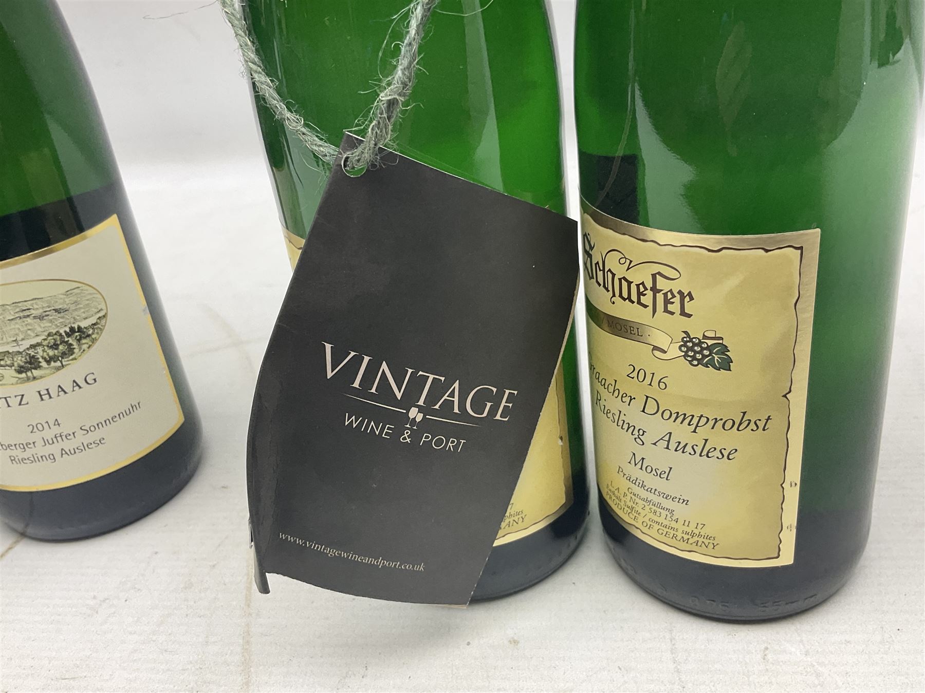 Willi Schaefer, 2016, Graacher Domprobst Riesling Auslese, 750ml, 7.5% vol, two bottles, and Fritz Haag, 2014, Brauneberger Juffer Sonnenuhr, 750ml, 7.5% vol, two bottles 