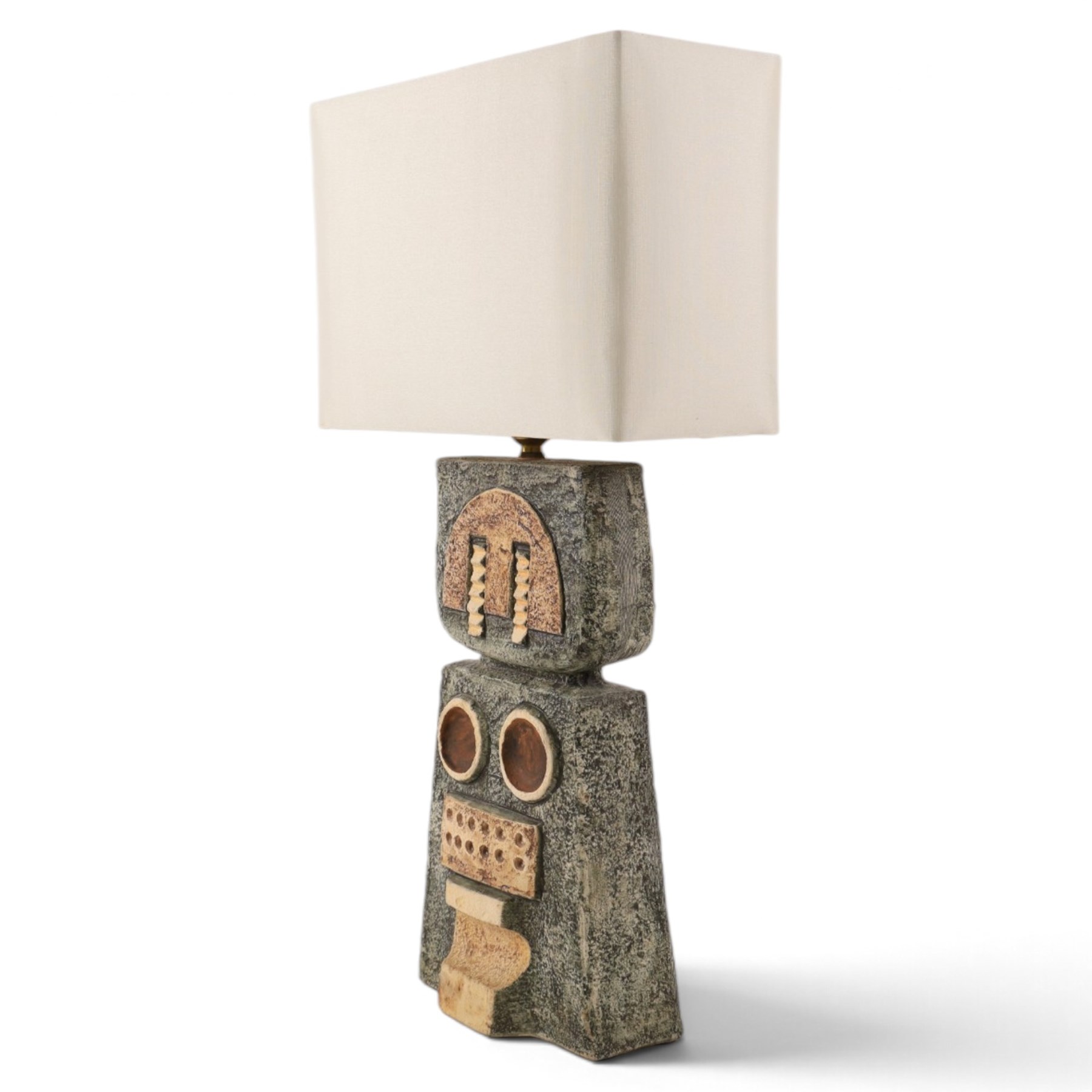 Alison Brigden for Troika - 1970s Cornish studio art pottery double bass lamp, decorated with geometric designs upon a green ground, signed to the base, without fitting H37cm