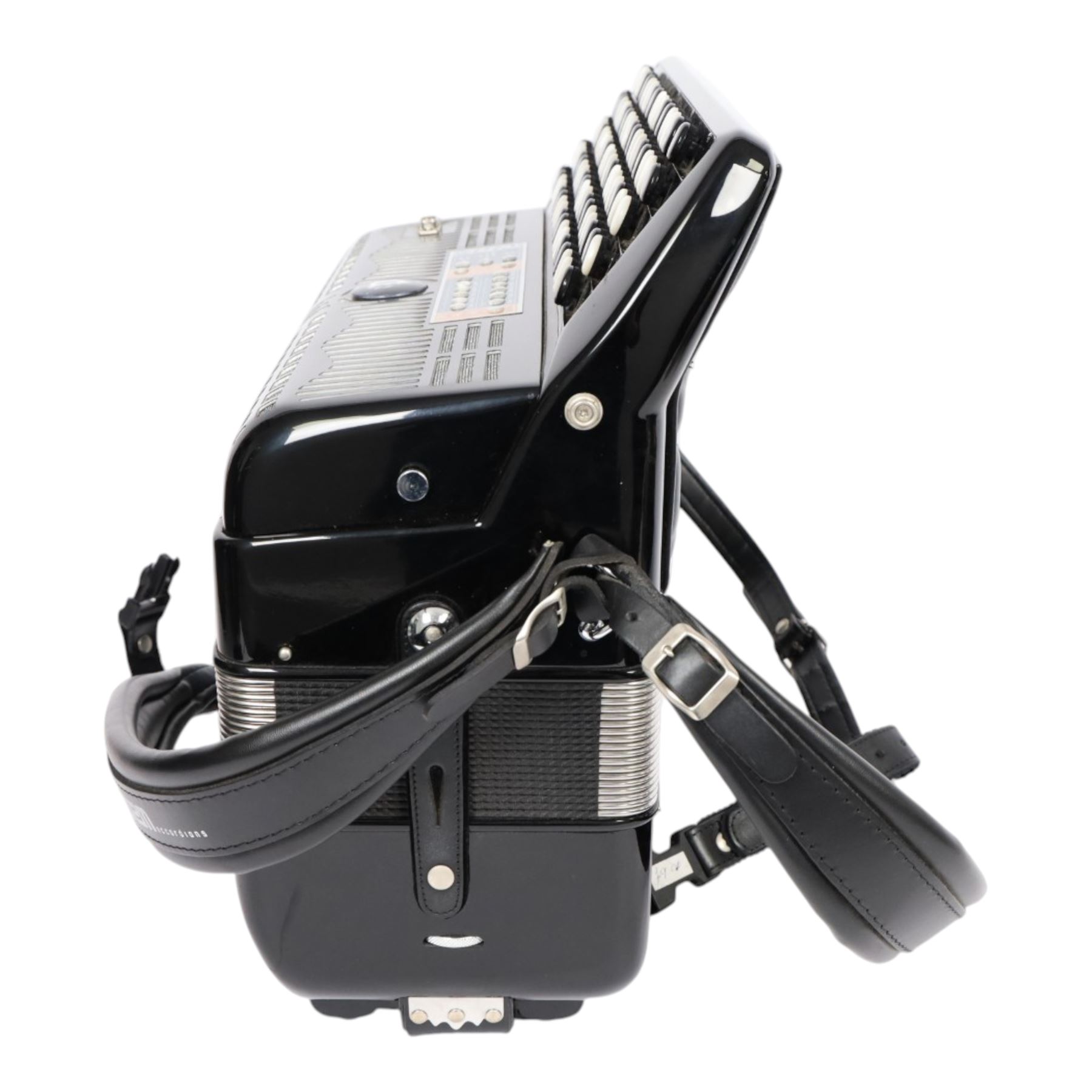 SEM Ciao 5-row digital reedless chromatic button midi-accordion, with 87-black and white buttons and 120 bass buttons, in black high gloss case, with carry strap and original hard carrycase