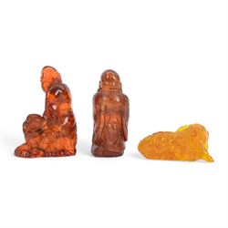 Two clear quartz figures of Buddha, together with five resin figures, including pair of zodiac balls, ram and Buddha, tallest H13cm