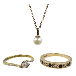 Gold old cut stone single stone diamond ring in square setting,
stamped 18ct & Plat, gold stone set ring and a gold pearl necklace, both hallmarked 9ct